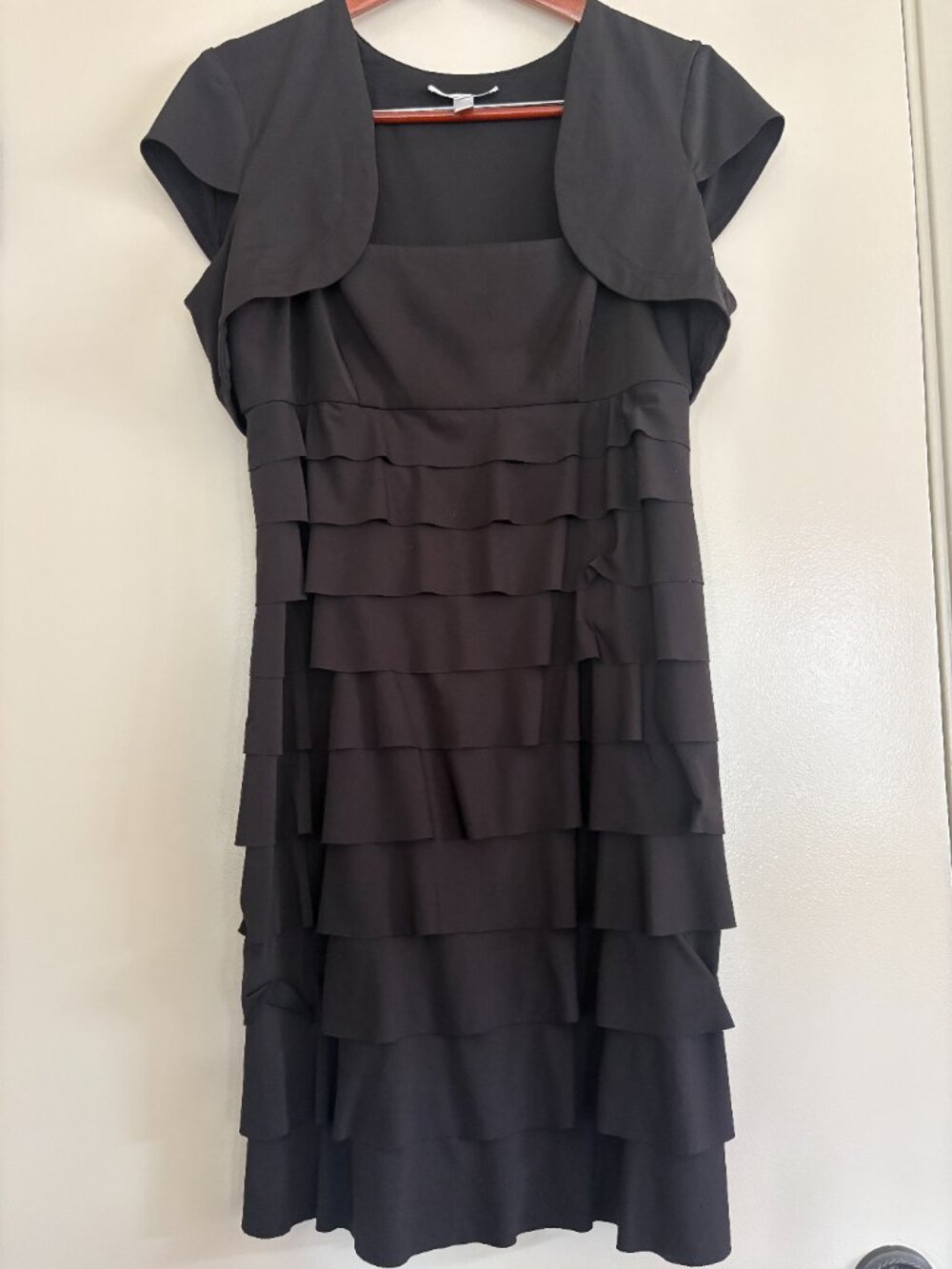 London Times Black Ruffled Spaghetti Strap Dress w/ Bolero – Size 12